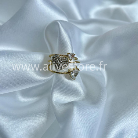 Bague Léona - double cœur doré strass & ajustable | ALIVE STORE