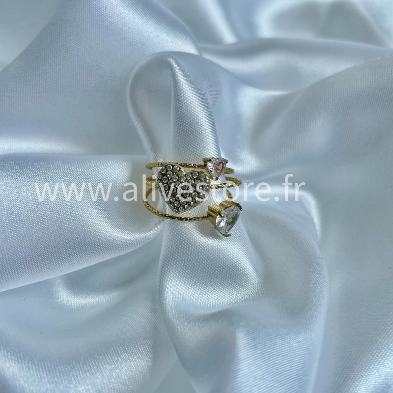 Bague Léona - double cœur doré strass & ajustable | ALIVE STORE