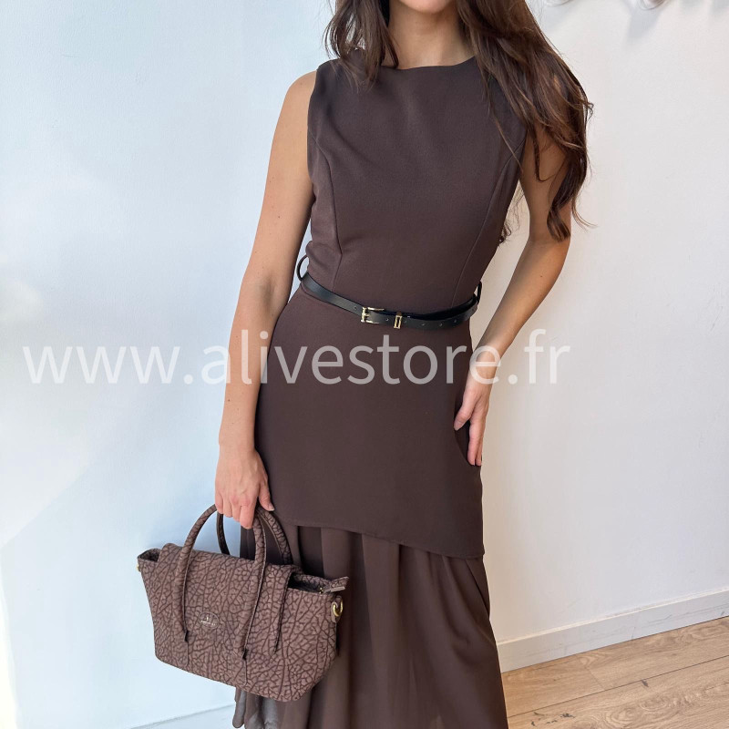 Robe Clara longue avec ceinture noire – Bordeaux, noir, beige & marron | ALIVE STORE