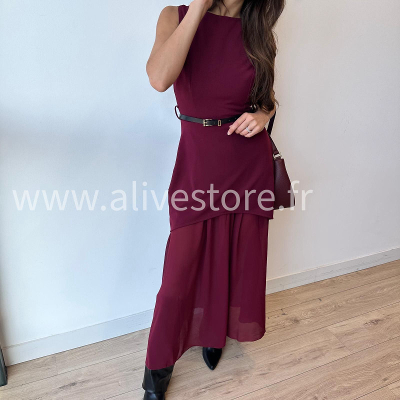 Robe Clara longue avec ceinture noire – Bordeaux, noir, beige & marron | ALIVE STORE