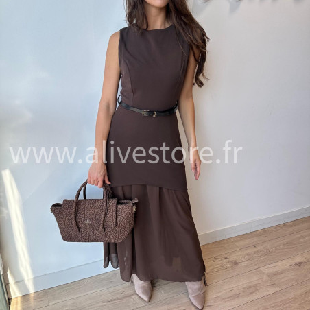 Robe Clara longue avec ceinture noire – Bordeaux, noir, beige & marron | ALIVE STORE