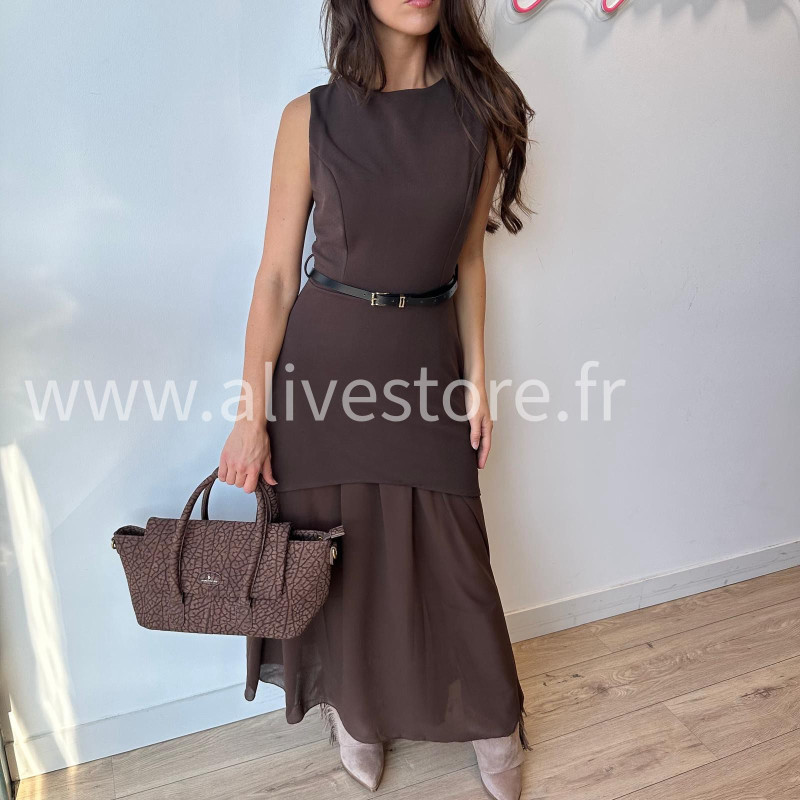 Robe Clara longue avec ceinture noire – Bordeaux, noir, beige & marron | ALIVE STORE