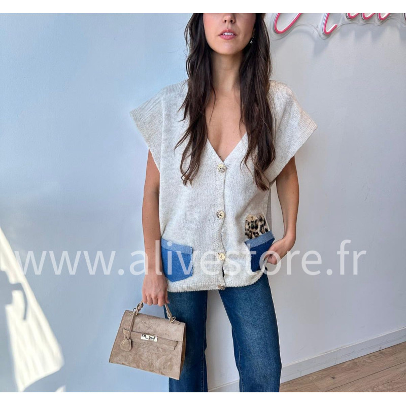 Gilet Lucia avec poches jean et léopard – ALIVE STORE