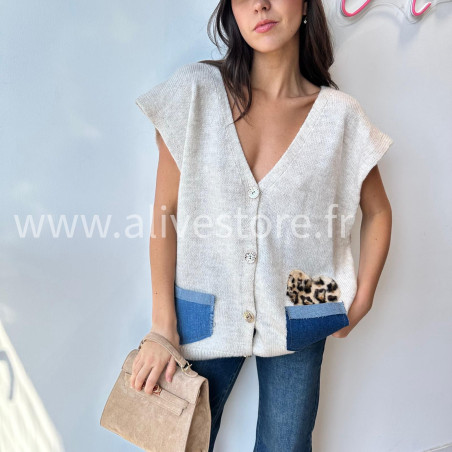 Gilet Lucia avec poches jean et léopard – ALIVE STORE