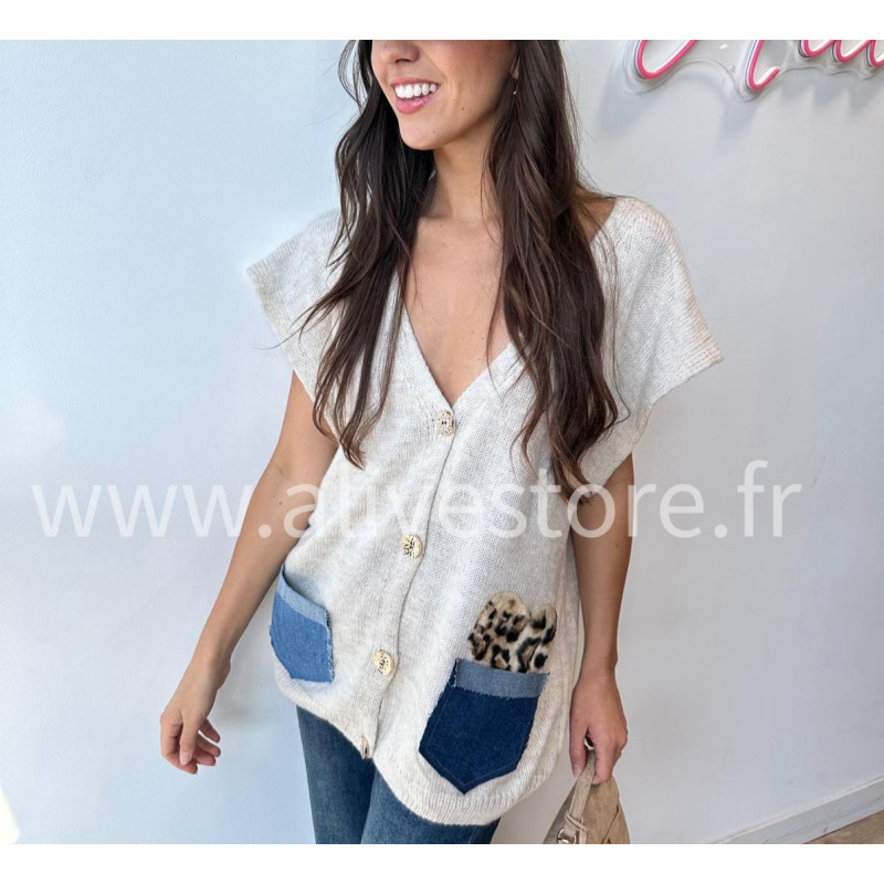 Gilet Lucia avec poches jean et léopard – ALIVE STORE