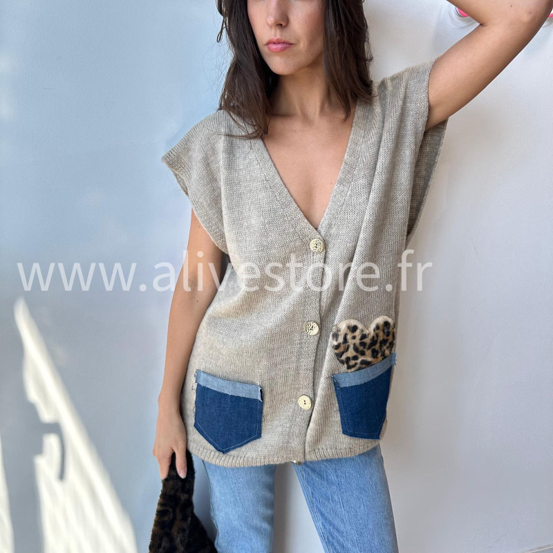 Gilet Lucia avec poches jean et léopard – ALIVE STORE