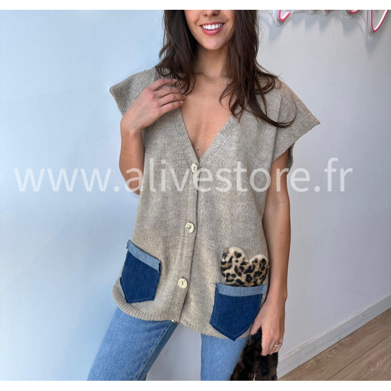 Gilet Lucia avec poches jean et léopard – ALIVE STORE