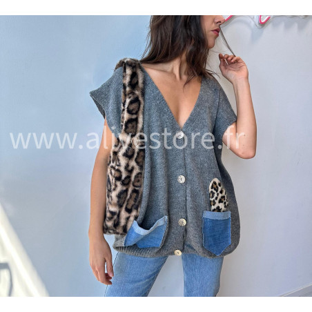 Gilet Lucia avec poches jean et léopard – ALIVE STORE