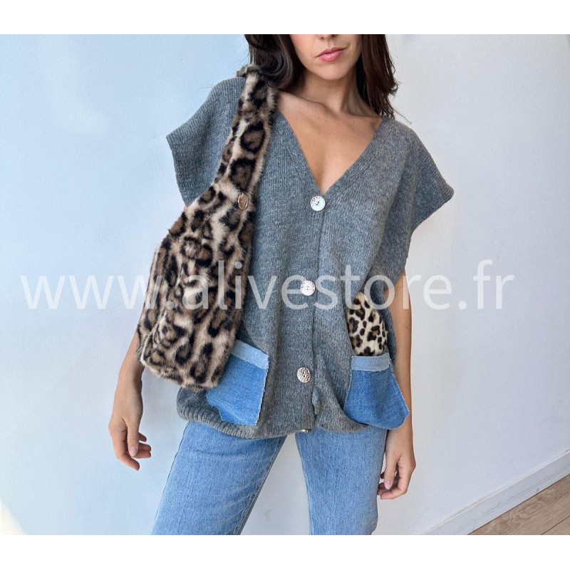 Gilet Lucia avec poches jean et léopard – ALIVE STORE