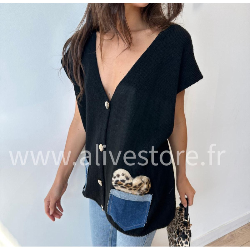 Gilet Lucia avec poches jean et léopard – ALIVE STORE