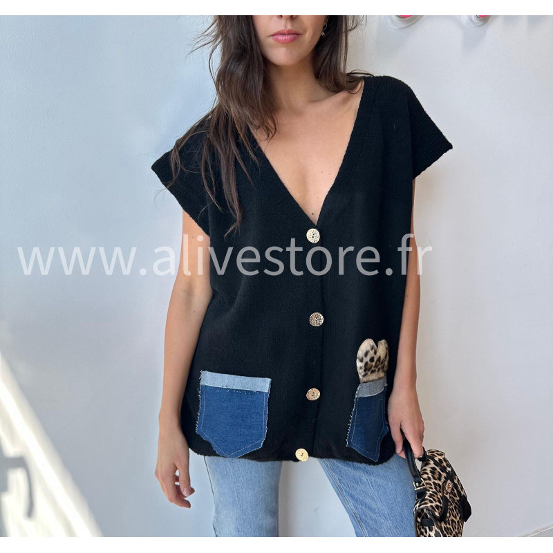 Gilet Lucia avec poches jean et léopard – ALIVE STORE