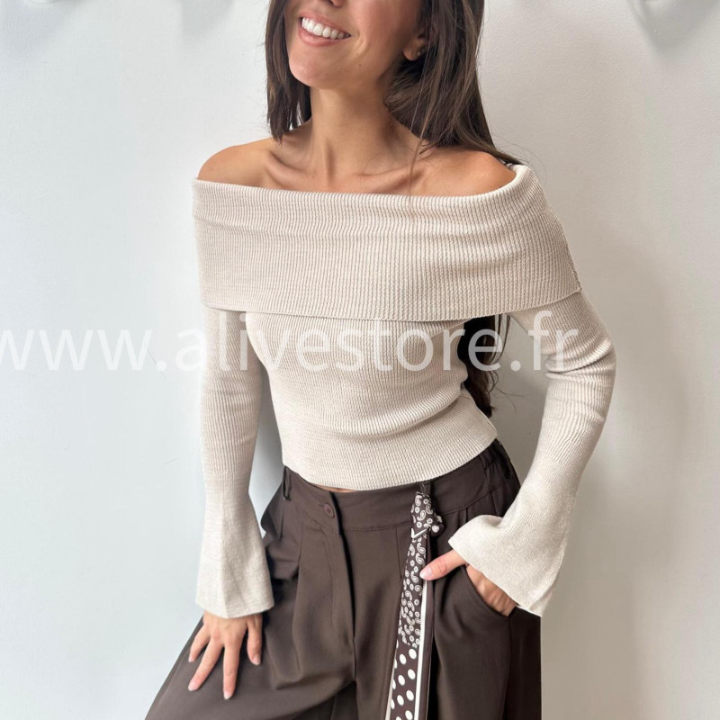 PULL GEMMA GRIS COL BARDOT FEMME – ALIVE STORE