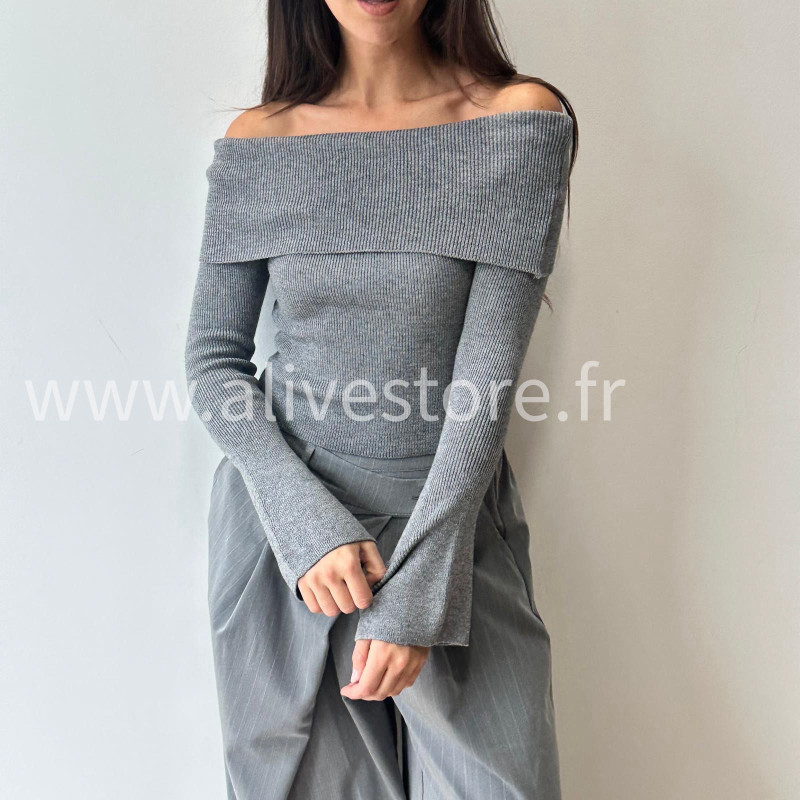PULL GEMMA GRIS COL BARDOT FEMME – ALIVE STORE