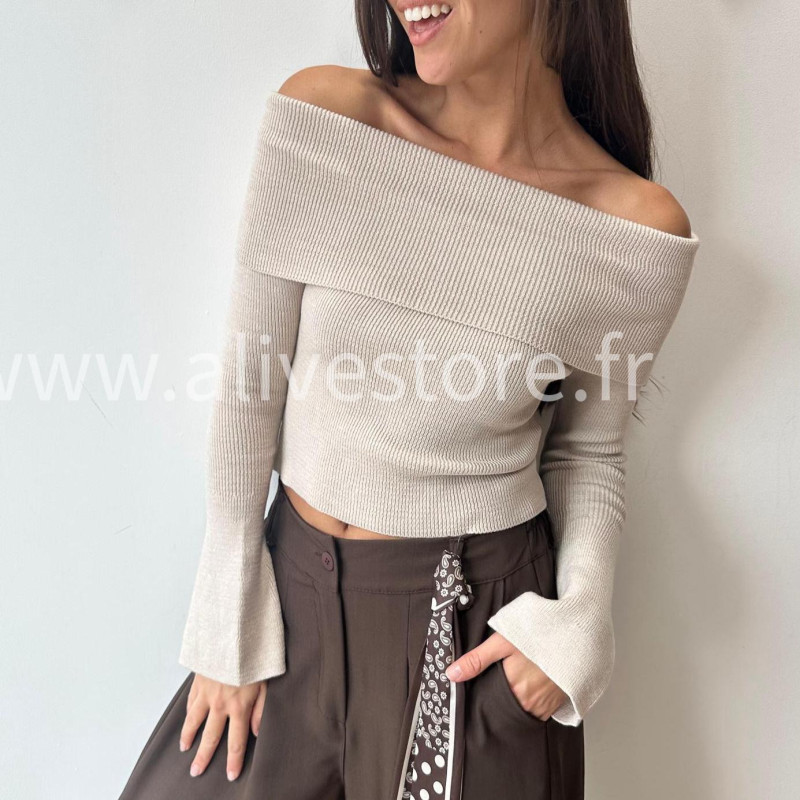 PULL GEMMA GRIS COL BARDOT FEMME – ALIVE STORE