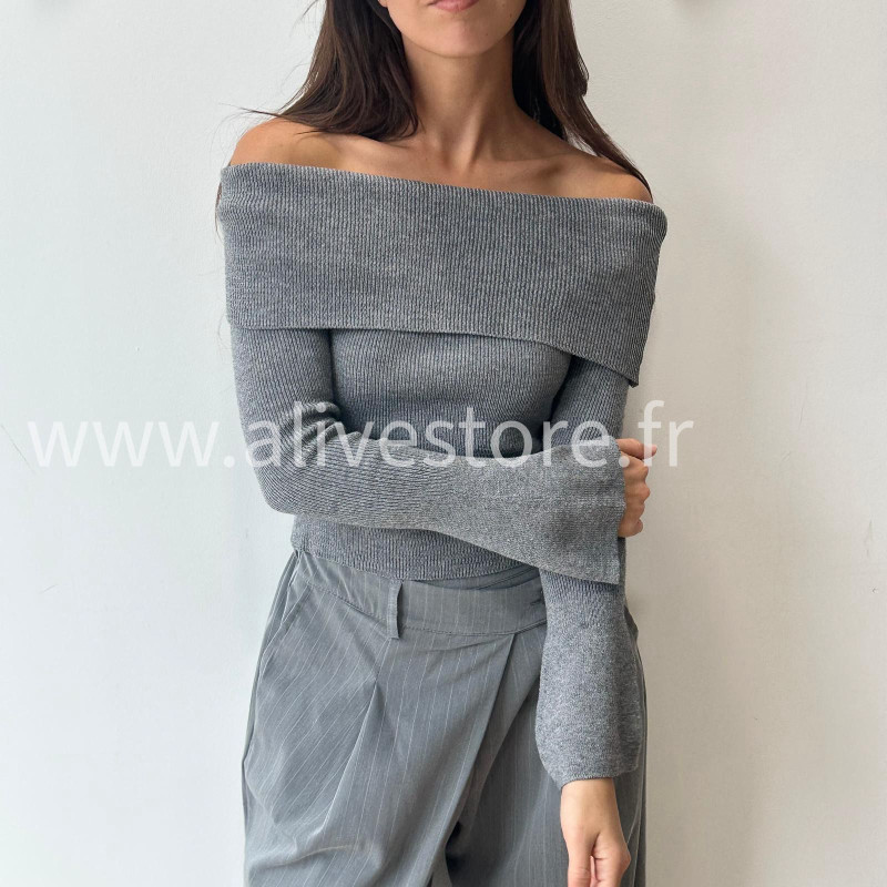 PULL GEMMA GRIS COL BARDOT FEMME – ALIVE STORE