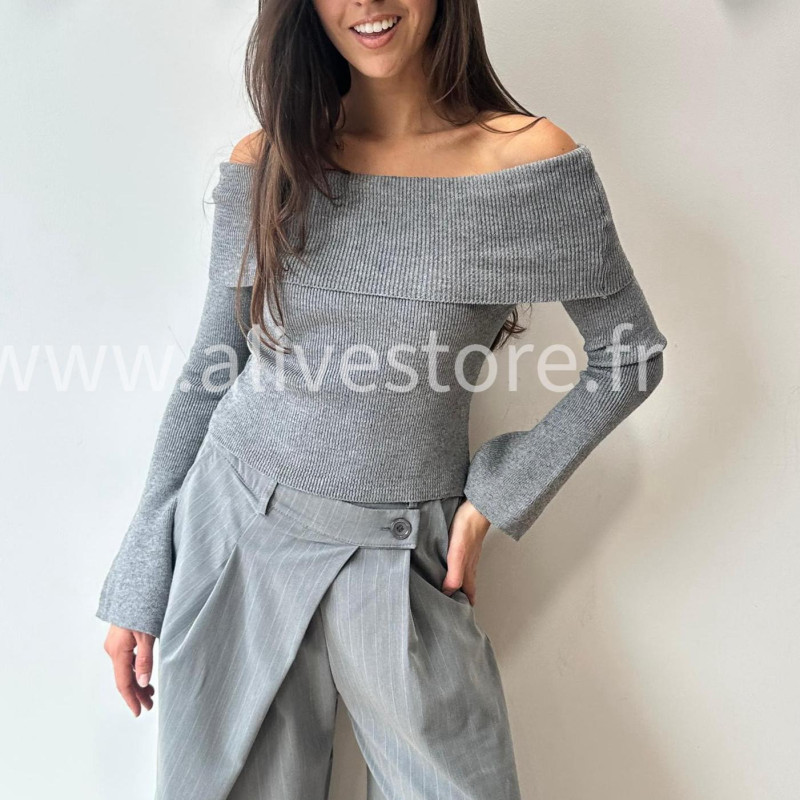 PULL GEMMA GRIS COL BARDOT FEMME – ALIVE STORE
