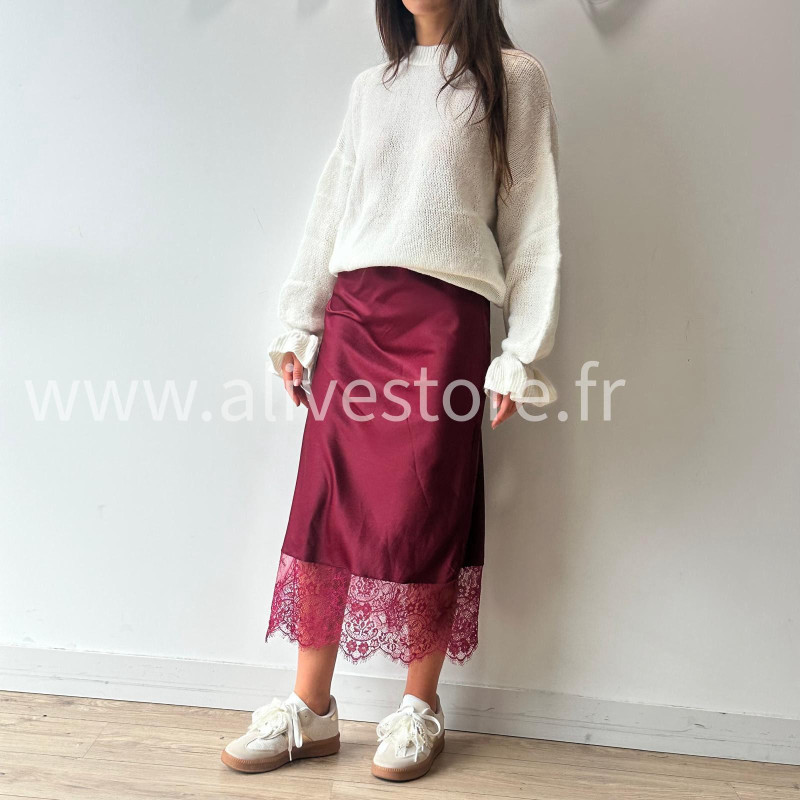 JUPE LUNA BORDEAUX SATIN DENTELLE – ALIVE STORE