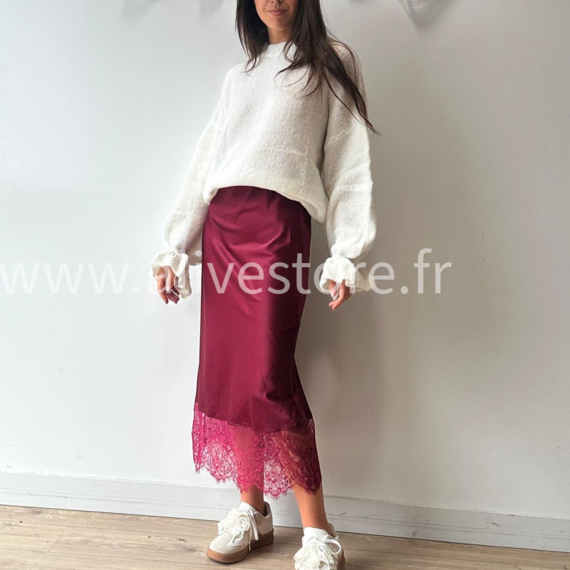 JUPE LUNA BORDEAUX SATIN DENTELLE – ALIVE STORE