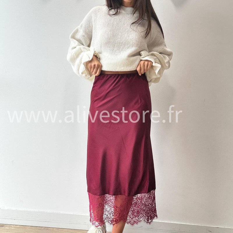 JUPE LUNA BORDEAUX SATIN DENTELLE – ALIVE STORE