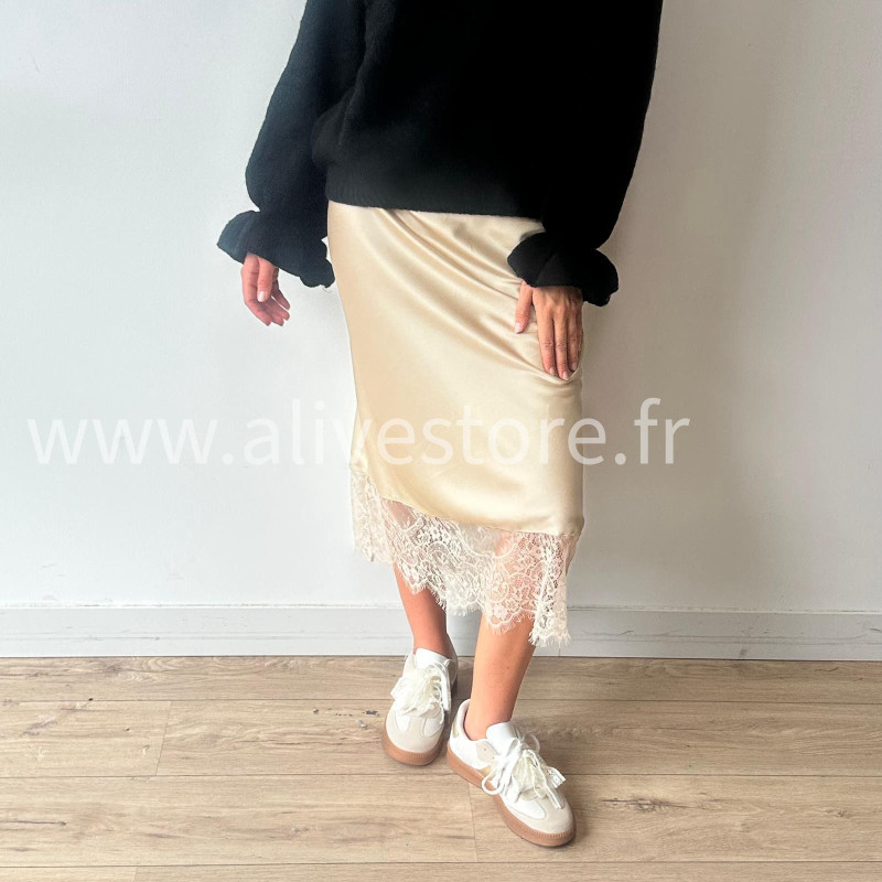 JUPE LUNA BORDEAUX SATIN DENTELLE – ALIVE STORE