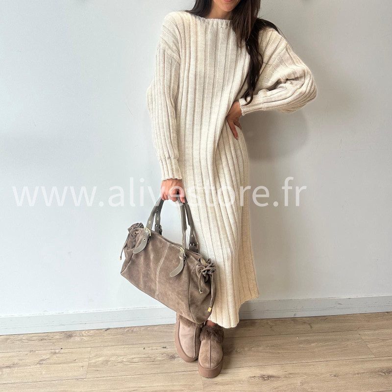 ROBE APRIL MAILLE CÔTELÉE TAUPE – ALIVE STORE