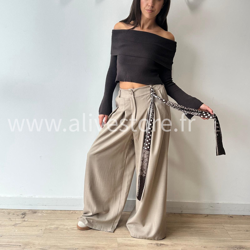 PANTALON LOU LARGE BEIGE AVEC FOULARD – ALIVE STORE