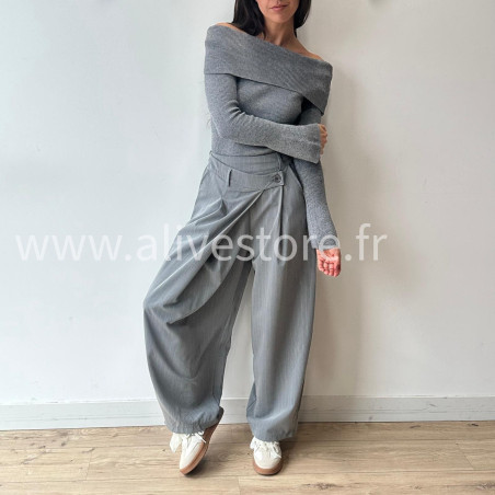 PANTALON CAMILLE GRIS LARGE PLIS CROISÉS – ALIVE STORE