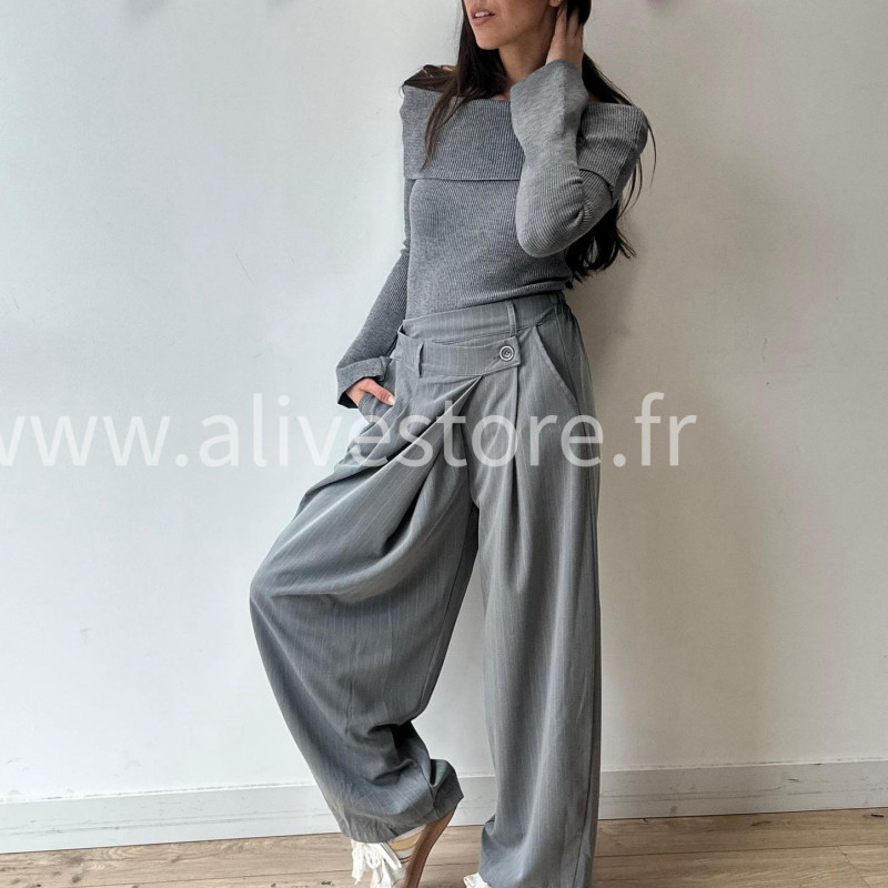 PANTALON CAMILLE GRIS LARGE PLIS CROISÉS – ALIVE STORE