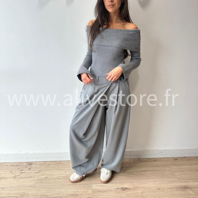 PANTALON CAMILLE GRIS LARGE PLIS CROISÉS – ALIVE STORE