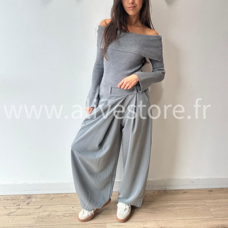PANTALON CAMILLE GRIS LARGE PLIS CROISÉS – ALIVE STORE